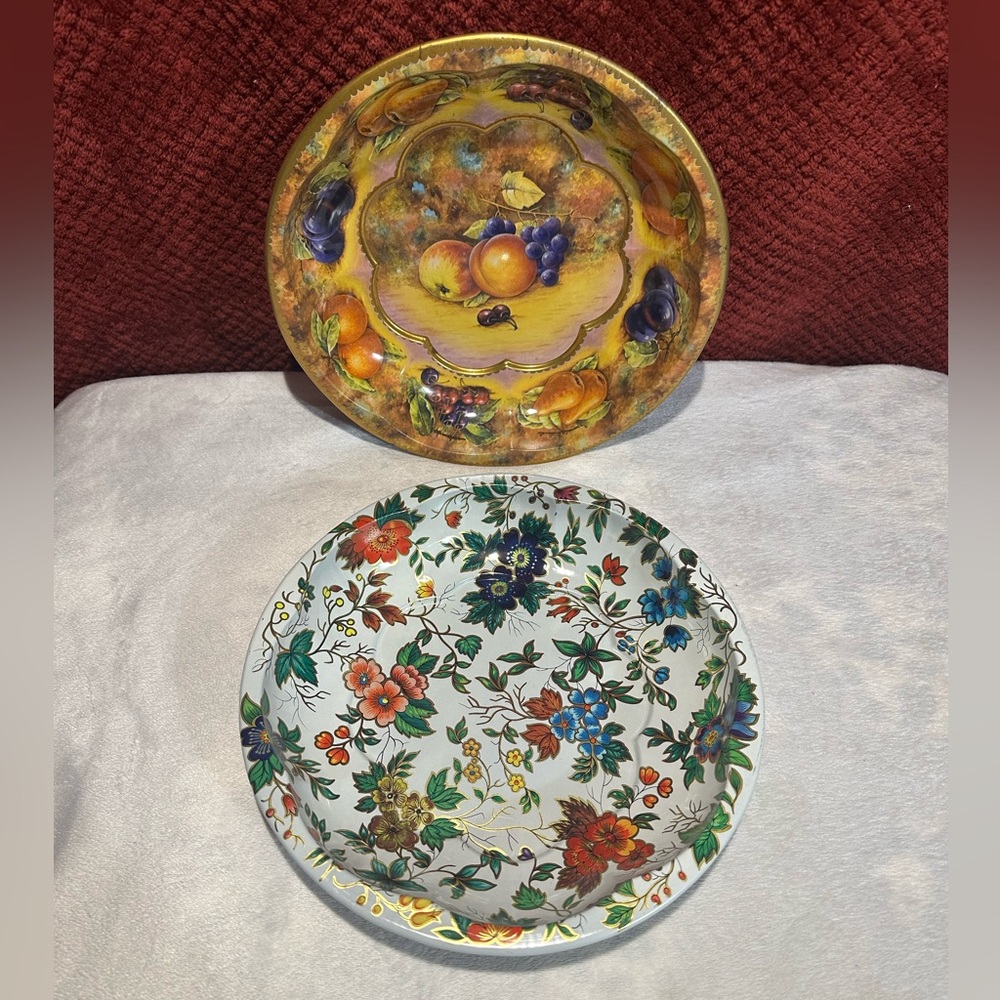 1971, 2 Vtg. Daher Decorated Ware, Metal Bowls, Round Floral & Fruit Bowl 10”